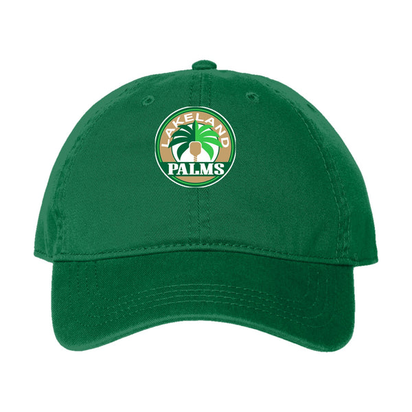 Lakeland Palms dad hat, front three-quarter view, unstructured cotton cap with embroidered team logo