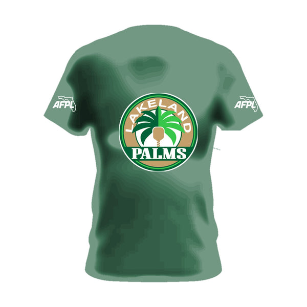 Lakeland Palms forest cotton tee, front view, team logo across the chest and AFPL logo on the sleeves