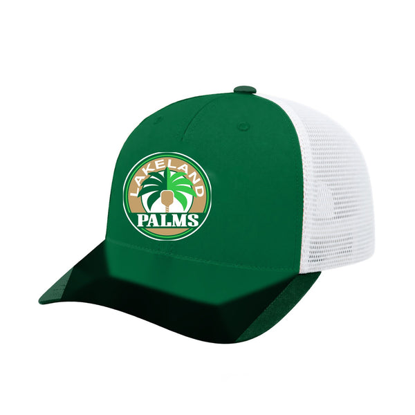 Lakeland Palms trucker hat, three-quarter view, team-color front with white mesh back and embroidered team logo