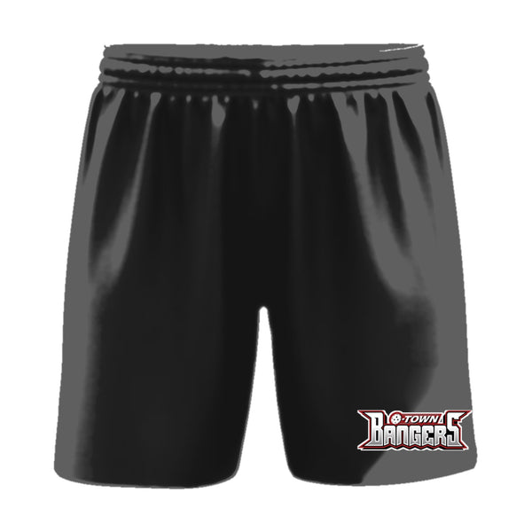 O-Town Bangers pickleball shorts, front view, team logo on the left leg above the hem