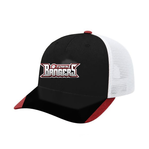 O-Town Bangers trucker hat, three-quarter view, team-color front with white mesh back and embroidered team logo