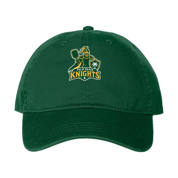 Palm Beach Knights dad hat, front three-quarter view, unstructured cotton cap with embroidered team logo