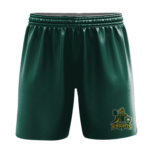 Palm Beach Knights pickleball shorts, front view, team logo on the left leg above the hem