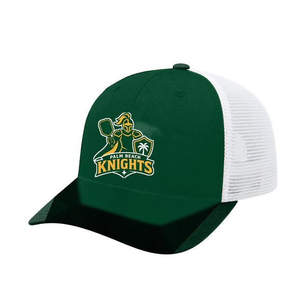Palm Beach Knights trucker hat, three-quarter view, team-color front with white mesh back and embroidered team logo