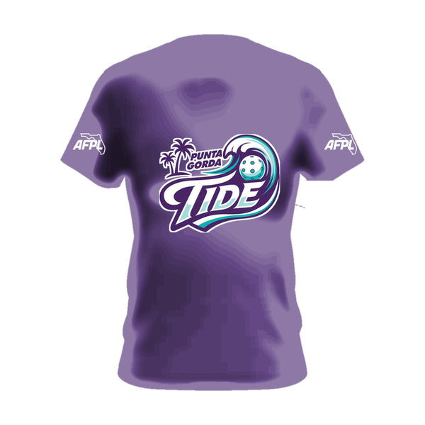 Punta Gorda Tide purple cotton tee, front view, team logo across the chest and AFPL logo on the sleeves