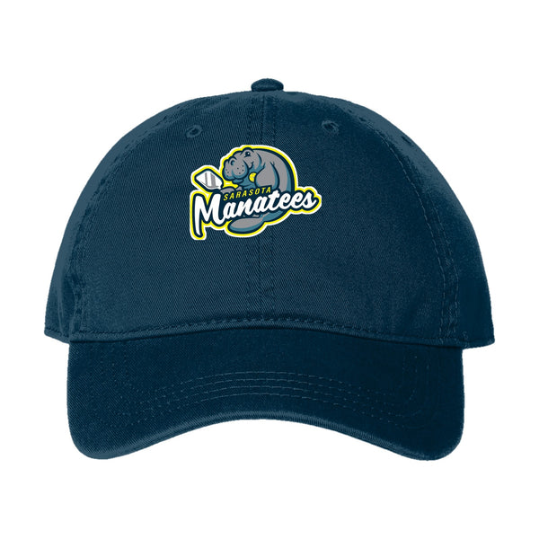 Sarasota Manatees dad hat, front three-quarter view, unstructured cotton cap with embroidered team logo