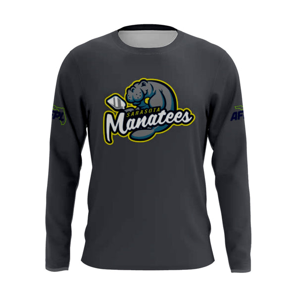 Sarasota Manatees long sleeve performance tee, front view, team logo on the chest and AFPL logo on the sleeves