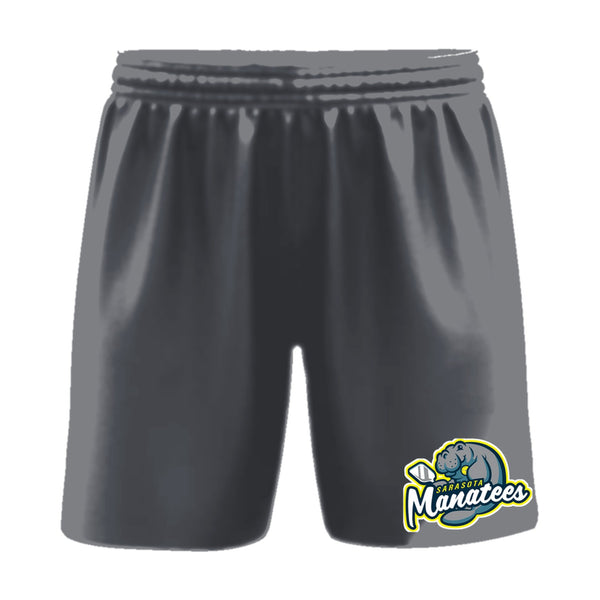 Sarasota Manatees pickleball shorts, front view, team logo on the left leg above the hem