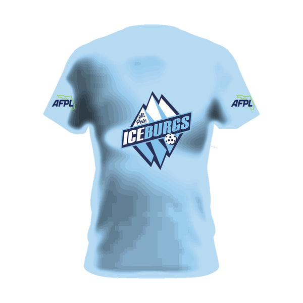 St. Pete IceBurgs light blue cotton tee, front view, team logo across the chest and AFPL logo on the sleeves