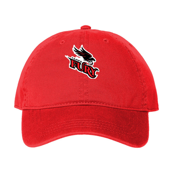 Tampa Fury dad hat, front three-quarter view, unstructured cotton cap with embroidered team logo