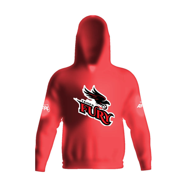 Tampa Fury stretch fleece pullover hoodie, front view, team logo on the chest above the pouch pocket