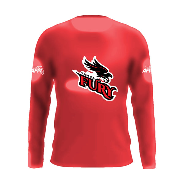 Tampa Fury long sleeve performance tee, front view, team logo on the chest and AFPL logo on the sleeves