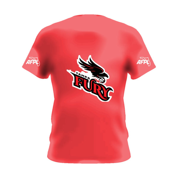 Tampa Fury short sleeve performance tee, front view, team logo on the chest and AFPL logo on the sleeves