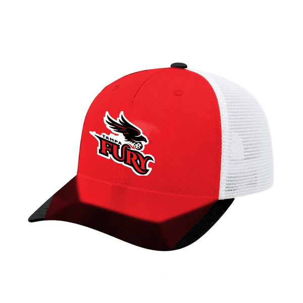 Tampa Fury trucker hat, three-quarter view, team-color front with white mesh back and embroidered team logo