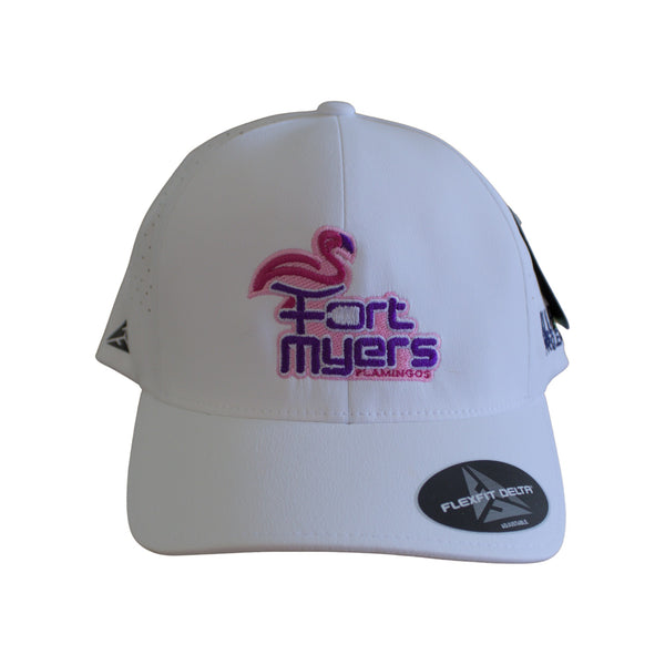 Fort Myers Flamingos team hat in white with pink and purple flamingo logo, Flexfit Delta adjustable, All Florida Pro League