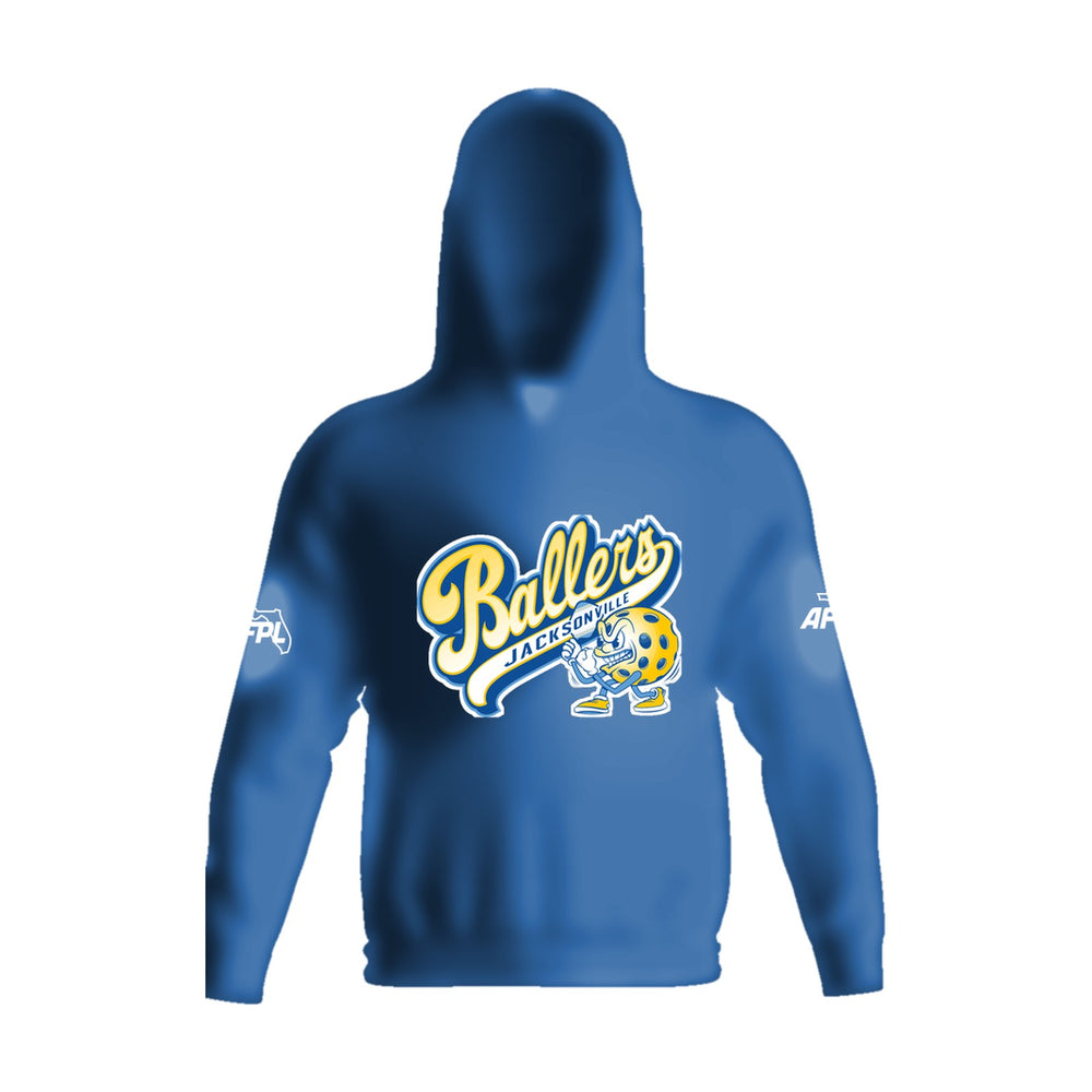 Jacksonville Ballers stretch fleece pullover hoodie, front view, team logo on the chest above the pouch pocket