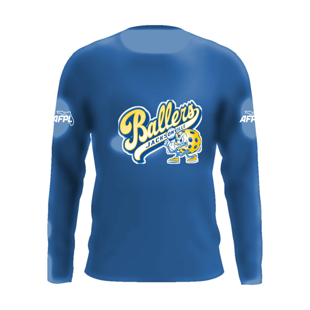 Jacksonville Ballers long sleeve performance tee, front view, team logo on the chest and AFPL logo on the sleeves