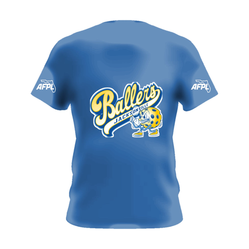 Jacksonville Ballers short sleeve performance tee, front view, team logo on the chest and AFPL logo on the sleeves