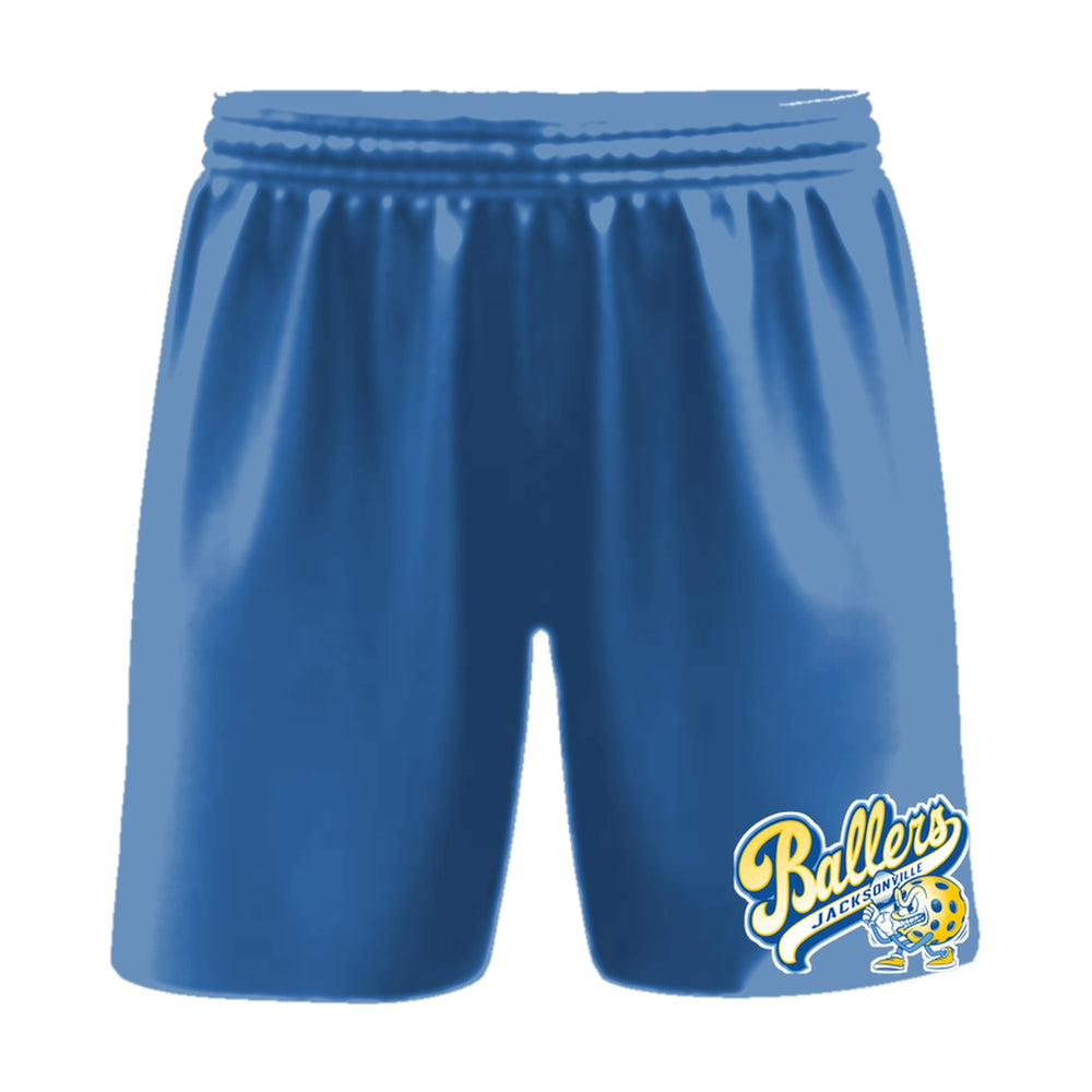 Jacksonville Ballers pickleball shorts, front view, team logo on the left leg above the hem