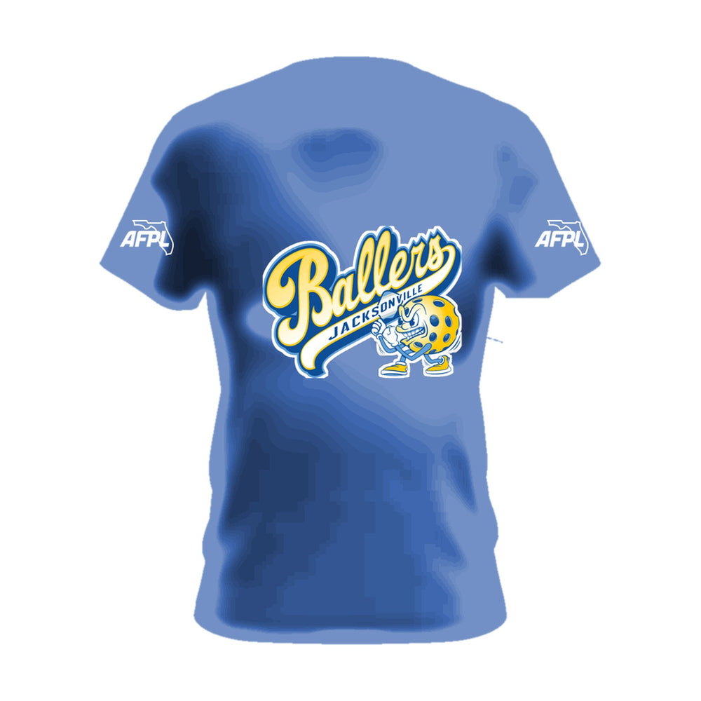 Jacksonville Ballers royal blue cotton tee, front view, team logo across the chest and AFPL logo on the sleeves
