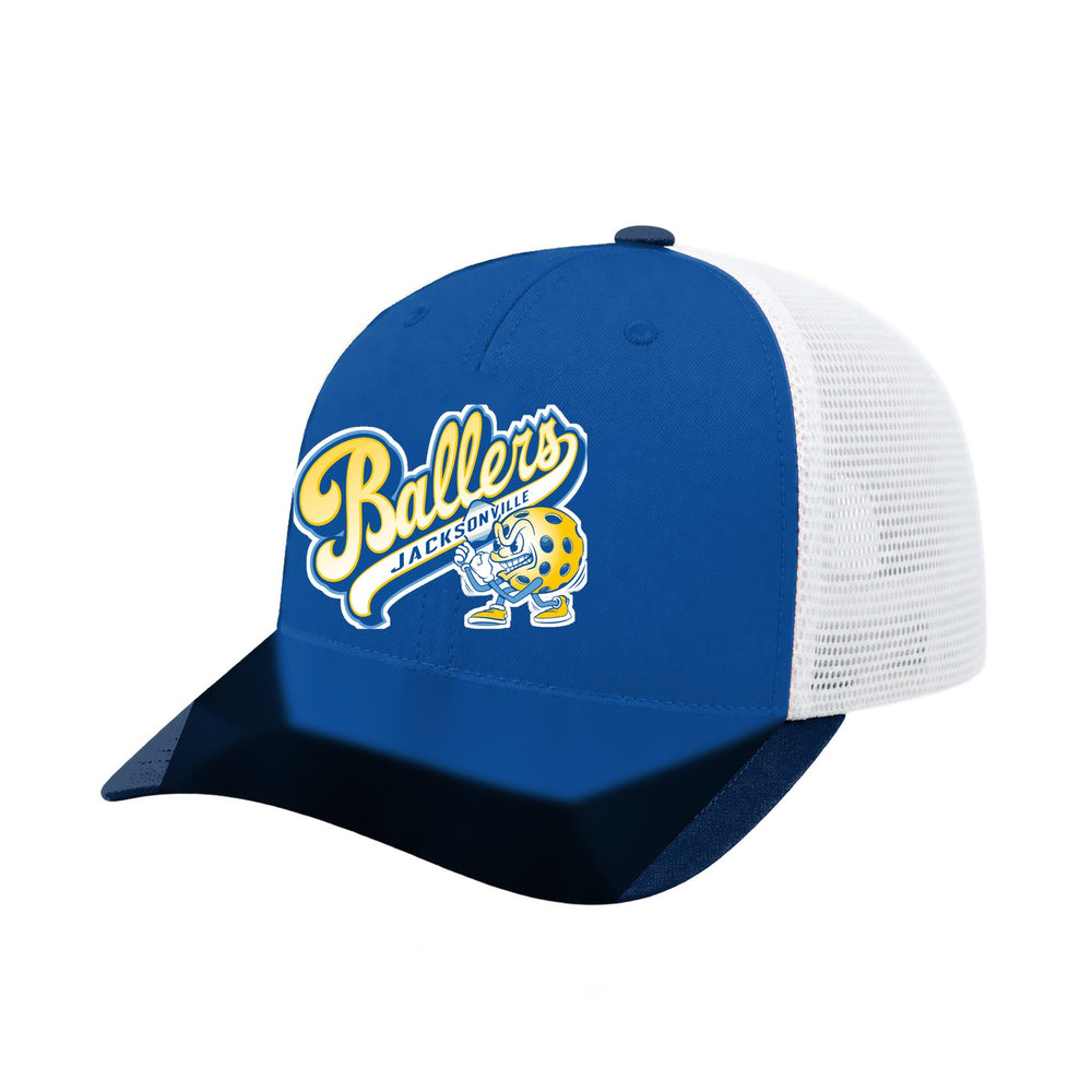 Jacksonville Ballers trucker hat, three-quarter view, team-color front with white mesh back and embroidered team logo