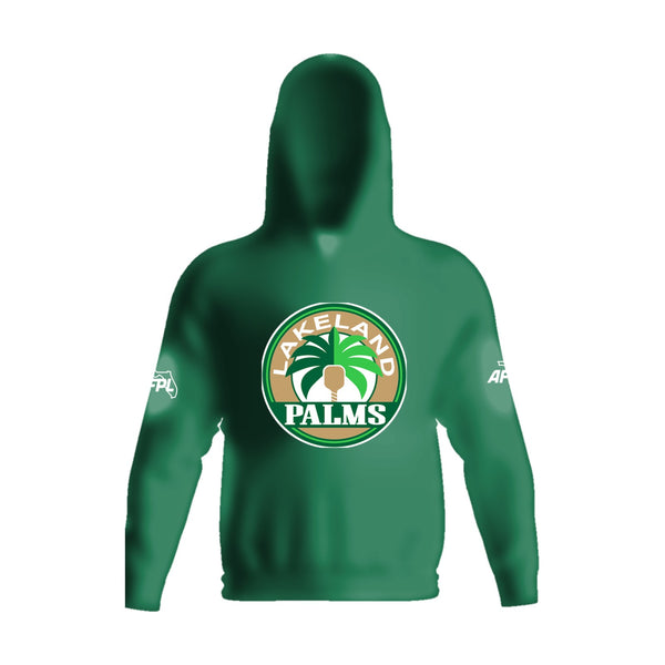 Lakeland Palms stretch fleece pullover hoodie, front view, team logo on the chest above the pouch pocket
