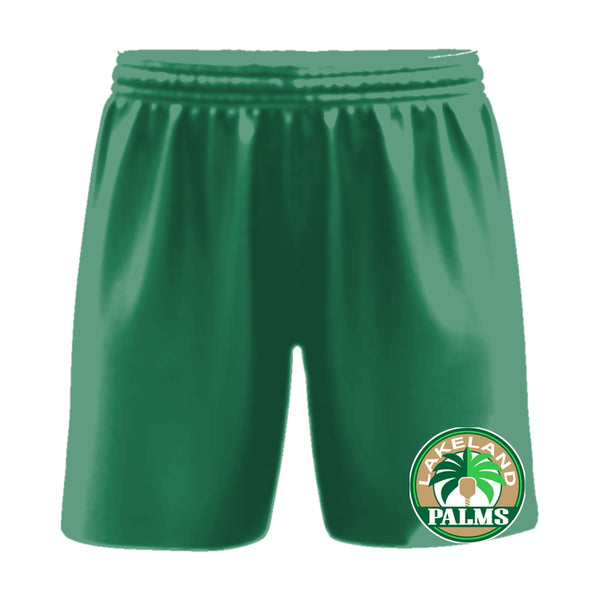 Lakeland Palms pickleball shorts, front view, team logo on the left leg above the hem