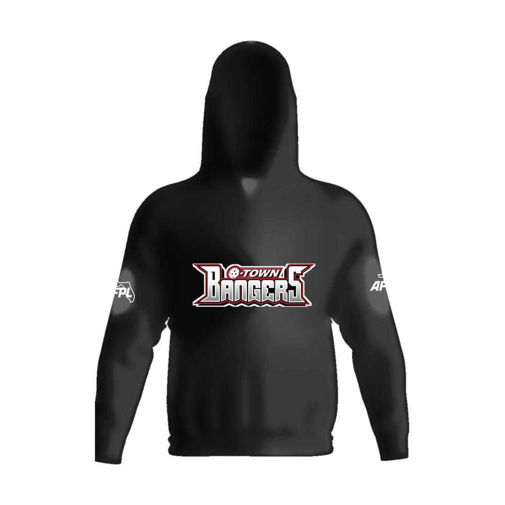 O-Town Bangers stretch fleece pullover hoodie, front view, team logo on the chest above the pouch pocket