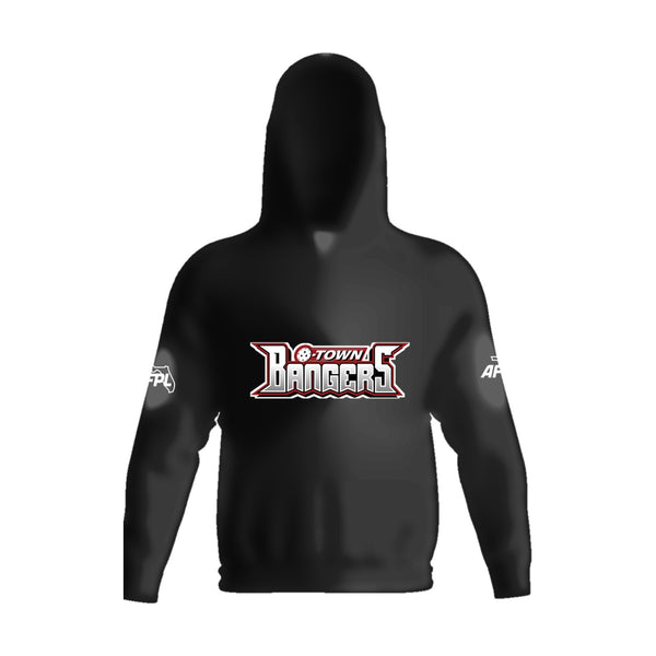 O-Town Bangers stretch fleece pullover hoodie, front view, team logo on the chest above the pouch pocket