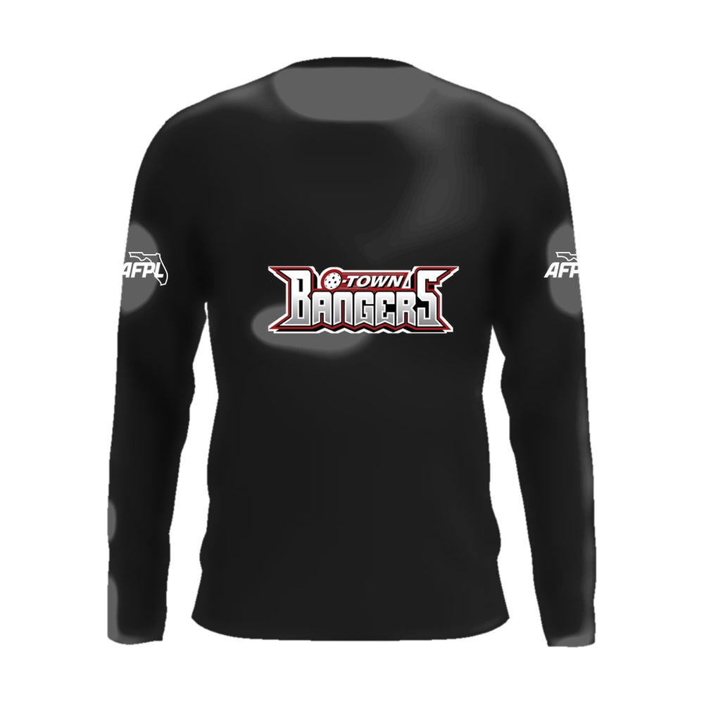 O-Town Bangers long sleeve performance tee, front view, team logo on the chest and AFPL logo on the sleeves
