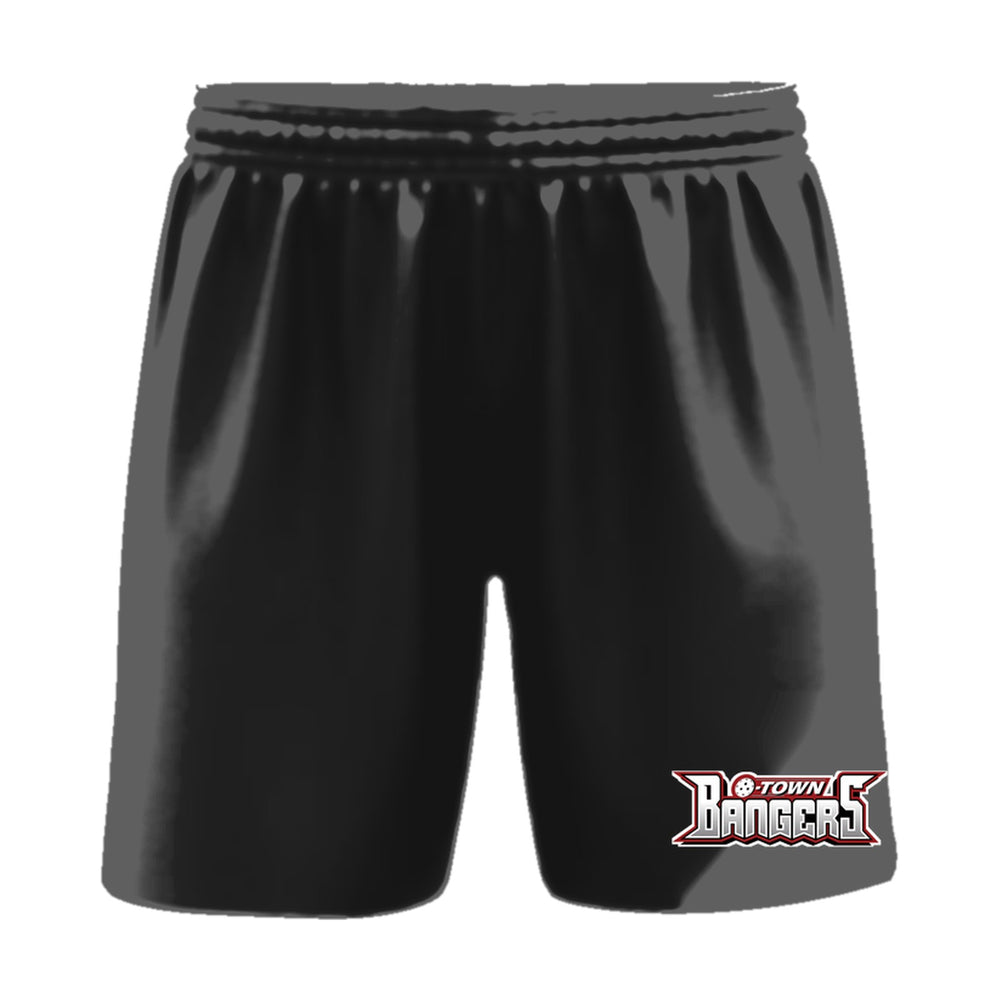 O-Town Bangers pickleball shorts, front view, team logo on the left leg above the hem