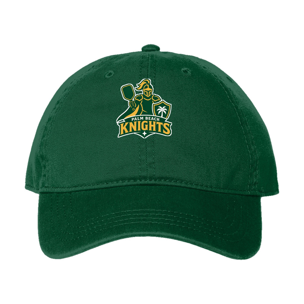 Palm Beach Knights dad hat, front three-quarter view, unstructured cotton cap with embroidered team logo