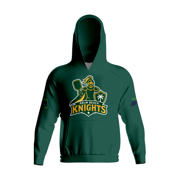 Palm Beach Knights stretch fleece pullover hoodie, front view, team logo on the chest above the pouch pocket
