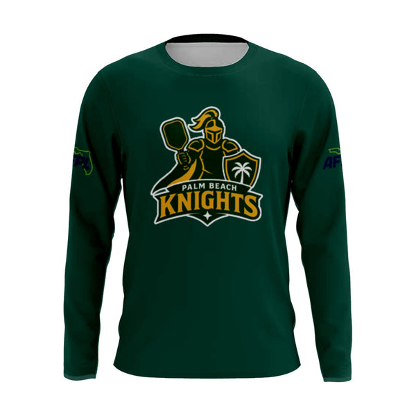 Palm Beach Knights long sleeve performance tee, front view, team logo on the chest and AFPL logo on the sleeves