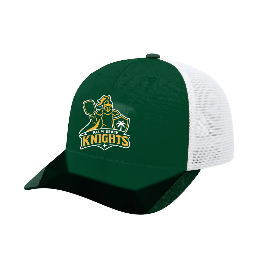 Palm Beach Knights trucker hat, three-quarter view, team-color front with white mesh back and embroidered team logo