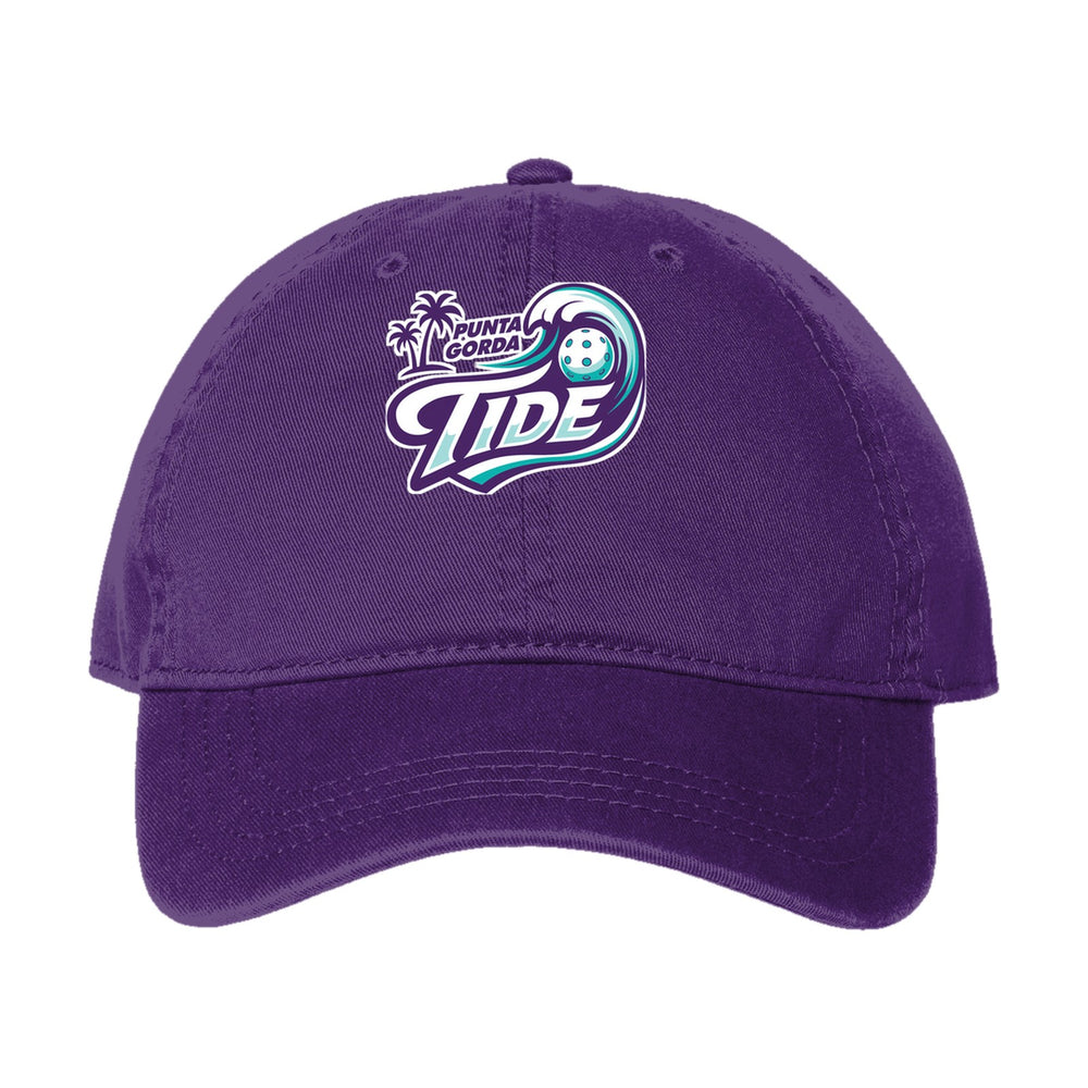 Punta Gorda Tide dad hat, front three-quarter view, unstructured cotton cap with embroidered team logo