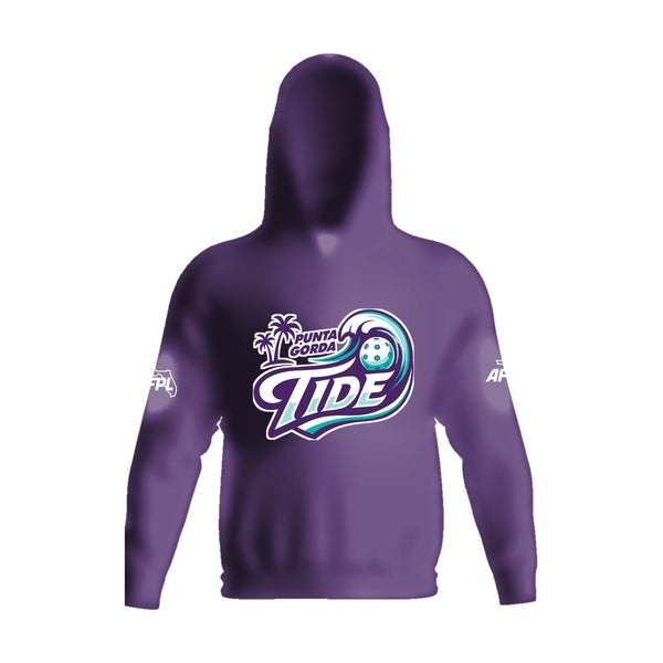 Punta Gorda Tide stretch fleece pullover hoodie, front view, team logo on the chest above the pouch pocket