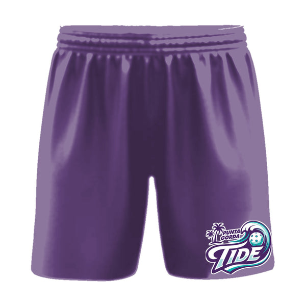 Punta Gorda Tide pickleball shorts, front view, team logo on the left leg above the hem
