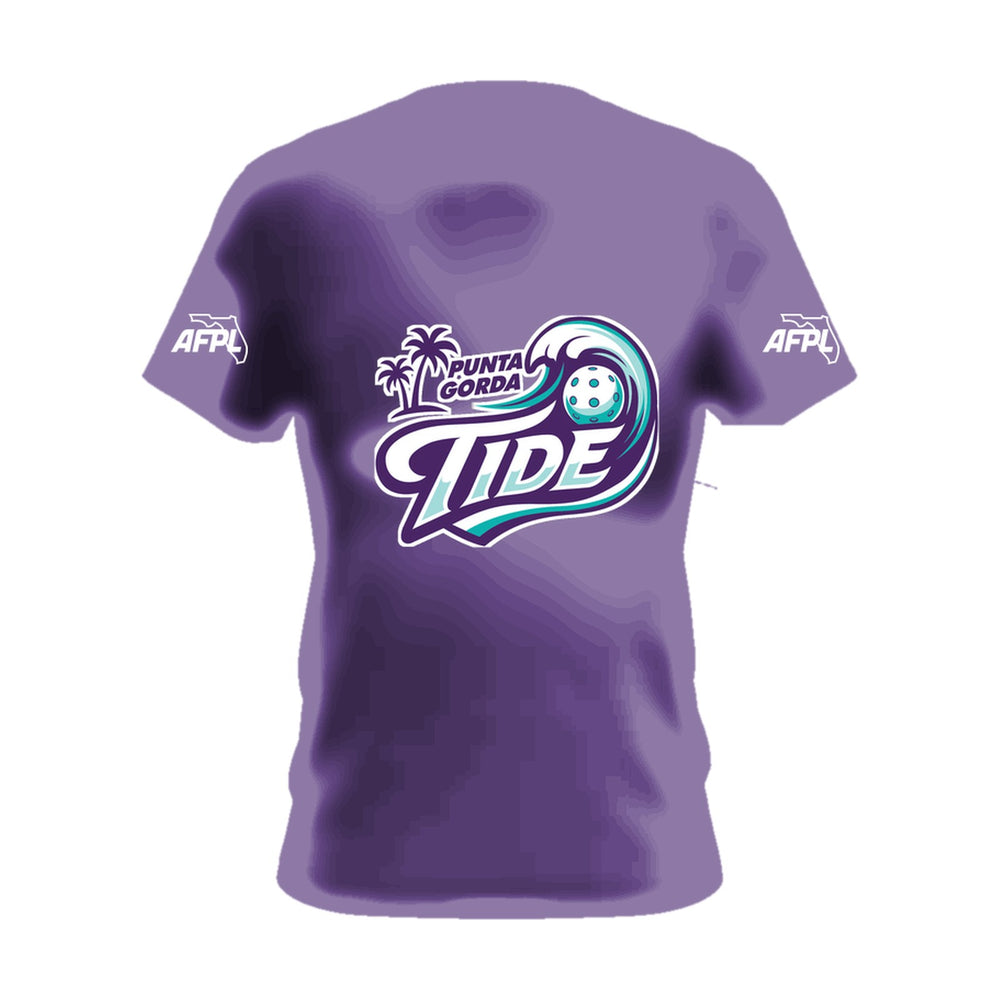 Punta Gorda Tide purple cotton tee, front view, team logo across the chest and AFPL logo on the sleeves