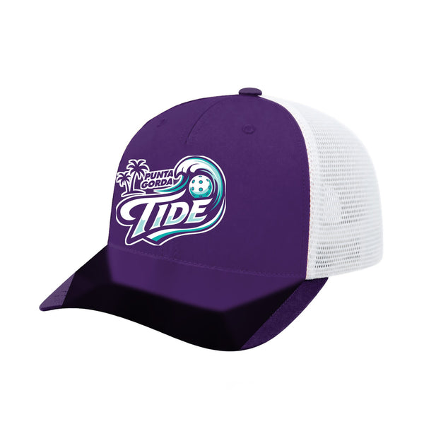 Punta Gorda Tide trucker hat, three-quarter view, team-color front with white mesh back and embroidered team logo