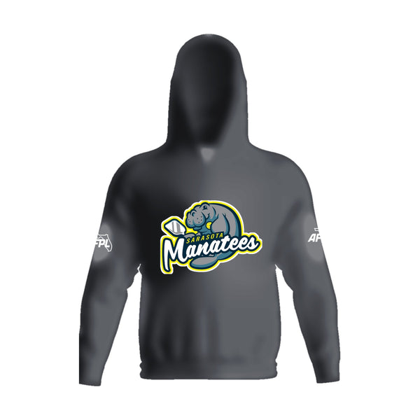 Sarasota Manatees stretch fleece pullover hoodie, front view, team logo on the chest above the pouch pocket