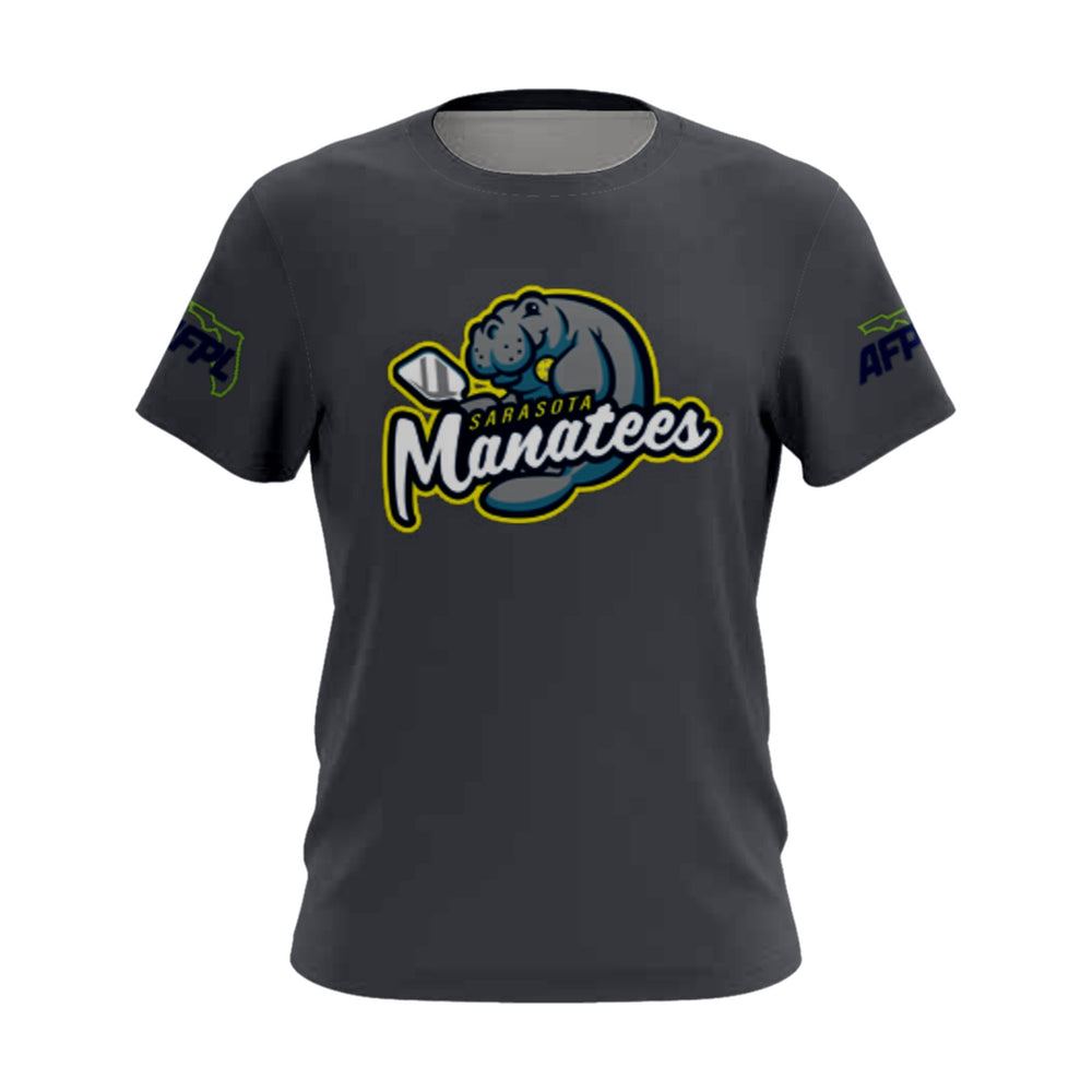 Sarasota Manatees short sleeve performance tee, front view, team logo on the chest and AFPL logo on the sleeves