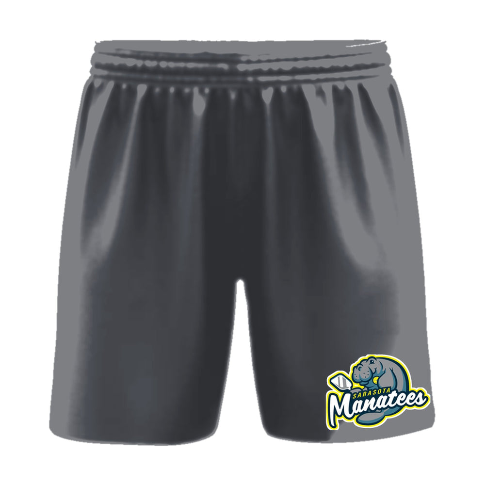 Sarasota Manatees pickleball shorts, front view, team logo on the left leg above the hem