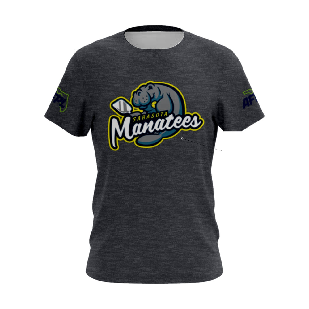 Sarasota Manatees dark heather gray cotton tee, front view, team logo across the chest and AFPL logo on the sleeves