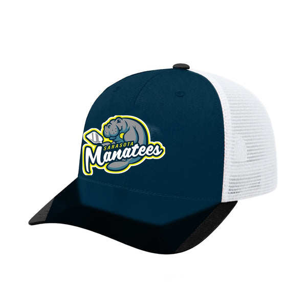 Sarasota Manatees trucker hat, three-quarter view, team-color front with white mesh back and embroidered team logo