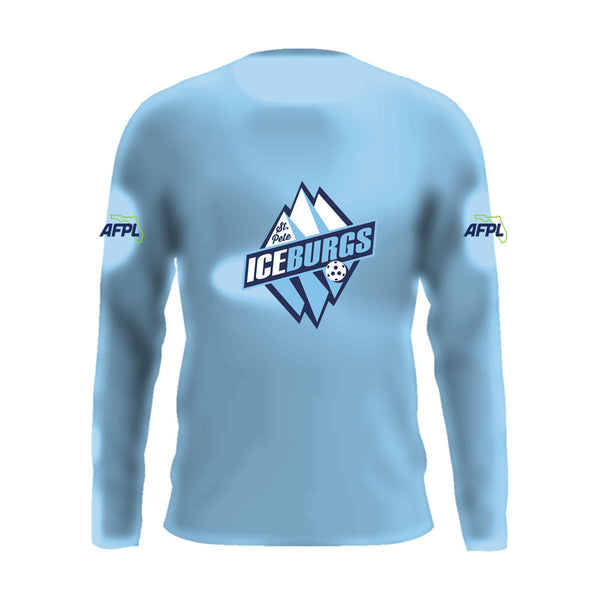St. Pete IceBurgs long sleeve performance tee, front view, team logo on the chest and AFPL logo on the sleeves
