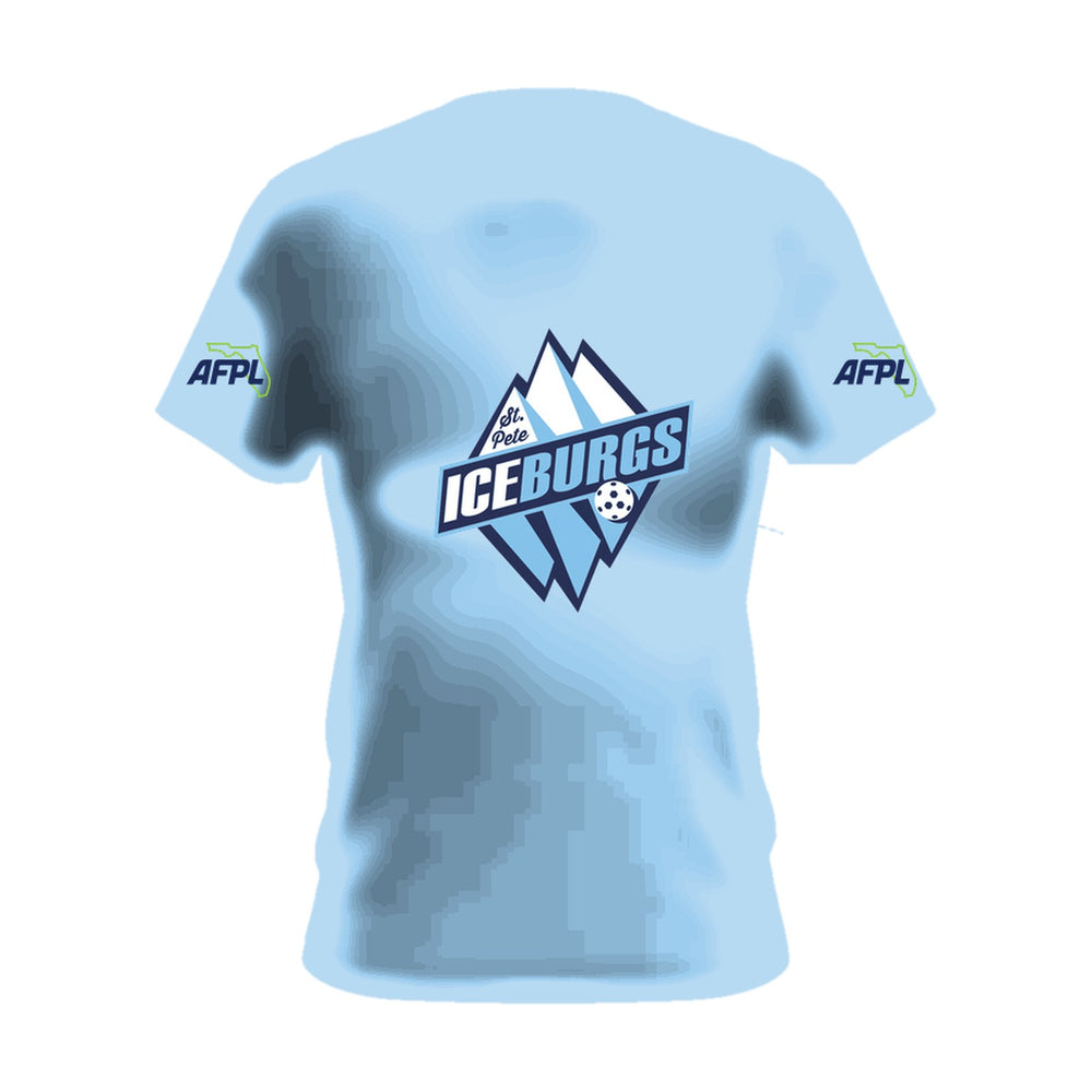 St. Pete IceBurgs light blue cotton tee, front view, team logo across the chest and AFPL logo on the sleeves