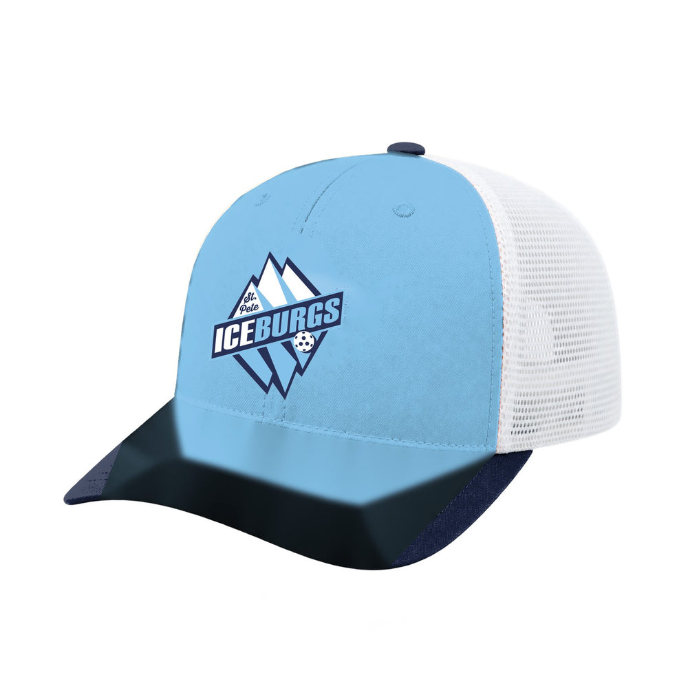 St. Pete IceBurgs trucker hat, three-quarter view, team-color front with white mesh back and embroidered team logo