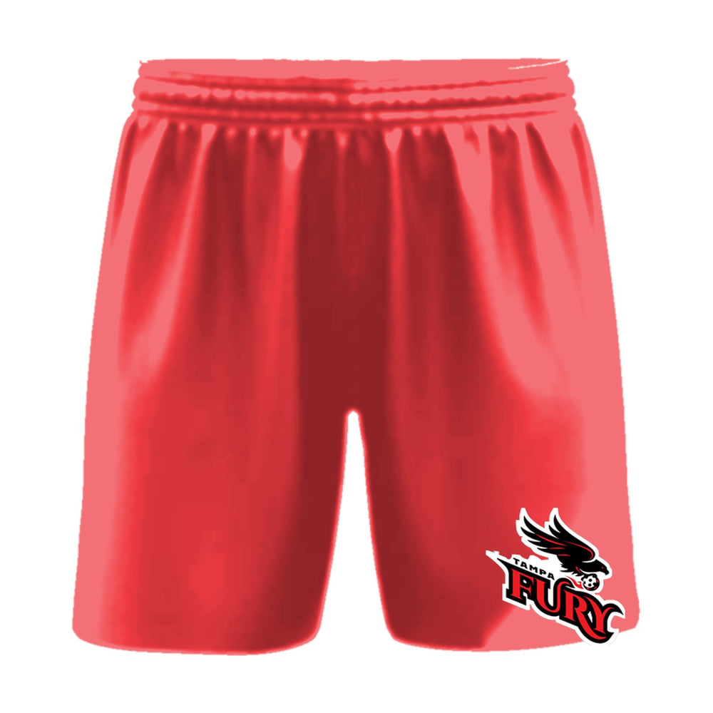 Tampa Fury pickleball shorts, front view, team logo on the left leg above the hem