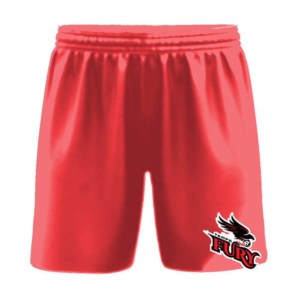 Tampa Fury pickleball shorts, front view, team logo on the left leg above the hem